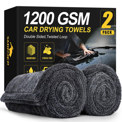 SMINDER 2-Pack 1200 GSM Car Drying Towels – Microfiber Towels for Cars (36" x 24"), Ultra-Absorbent, Streak-Free, Scratch-Free, No Water Spots, Double-Twist Pile & Edgeless Design