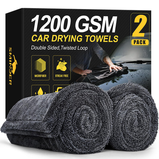SMINDER 2-Pack 1200 GSM Car Drying Towels – Microfiber Towels for Cars (36" x 24"), Ultra-Absorbent, Streak-Free, Scratch-Free, No Water Spots, Double-Twist Pile & Edgeless Design