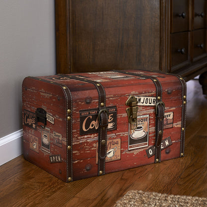 Household Essentials Medium Decorative Trunk, Coffee Shop Faux Decoupage, Antique Exterior, Leather and Metal Accents, Fabric Interior, Hinged Lid, Brown