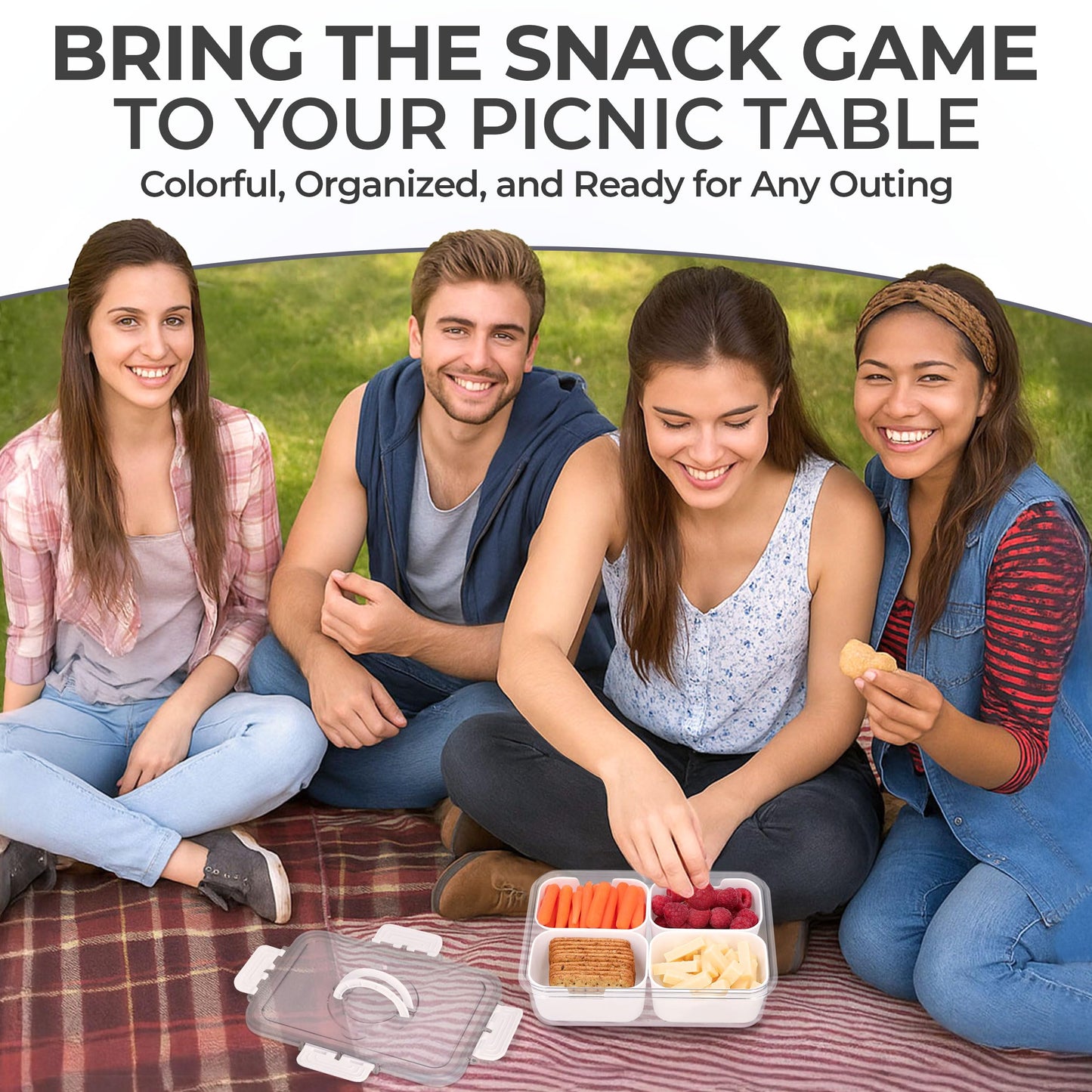 KEYVOZ Snackle Box Container with Lid- Travel Charcuterie Box with Handle - Organizer for Candy, Fruit, Nuts, Veggies, Snacks, Beach Essentials, Portable Lunch Box (Bright White, Small)