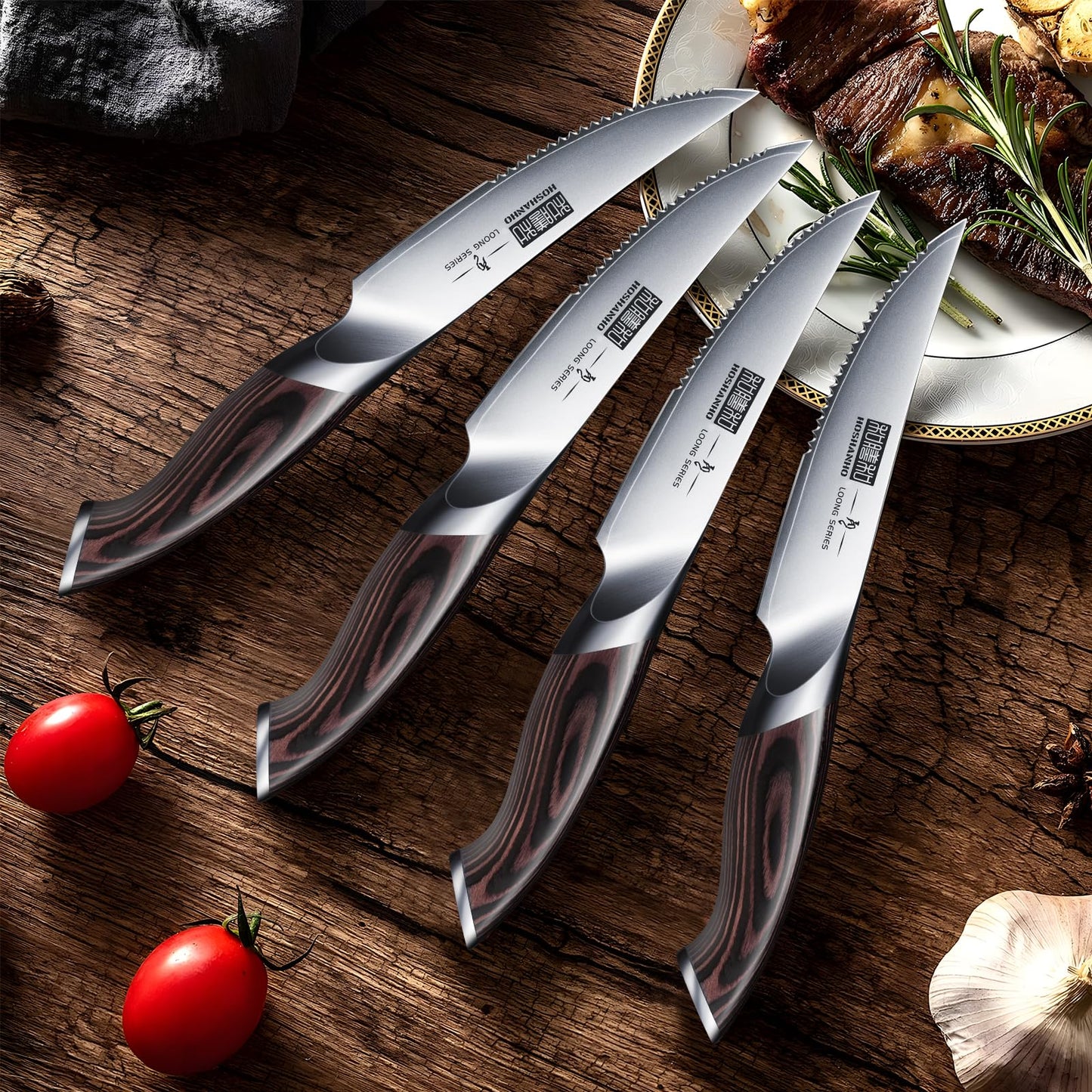 HOSHANHO Steak Knives Set of 6, Ultra Sharp 4.5 Inch Serrated Steak Knife Set, Japanese High Carbon Steel Kitchen Steak Knives with Ergonomic Handle