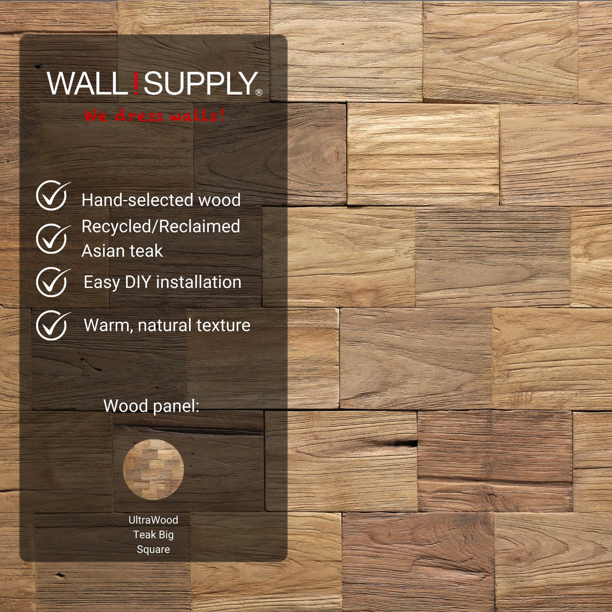 Wall!Supply UltraWood Big Square Reclaimed Teak Wood 3D Wall Panels - Home Decor Wallpaper Alterantive for Living Room, Bedroom, and Office - Easy Installation DIY Room Decor - 10 Pack 9.68 Sq Ft