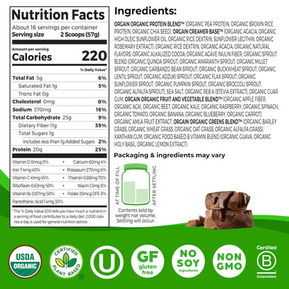 Orgain Organic Vegan Meal Replacement Protein Powder, Creamy Chocolate Fudge - 20g Plant Based Protein, Gluten Free, Dairy Free, Lactose Free, Soy Free, No Sugar Added, For Smoothies & Shakes - 2.03lb