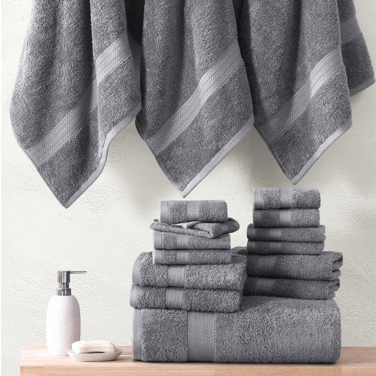 LANE LINEN Cotton Bath Towel Set - 24 Pcs - Highly Absorbent, Quick Dry & Ultra Soft - 2 Bath Sheets, 4 Bath, 6 Hand Towels, 8 Washcloths, 4 Fingertip - Oeko Tex Certified - Space Grey