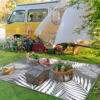 GENIMO Outdoor Rug 5' x 8' Waterproof for Patios Clearance, Reversible Plastic Straw Camping Carpet, Large Area Rugs Mats for RV, Picnic, Backyard, Deck, Balcony, Porch, Beach, Grey&White
