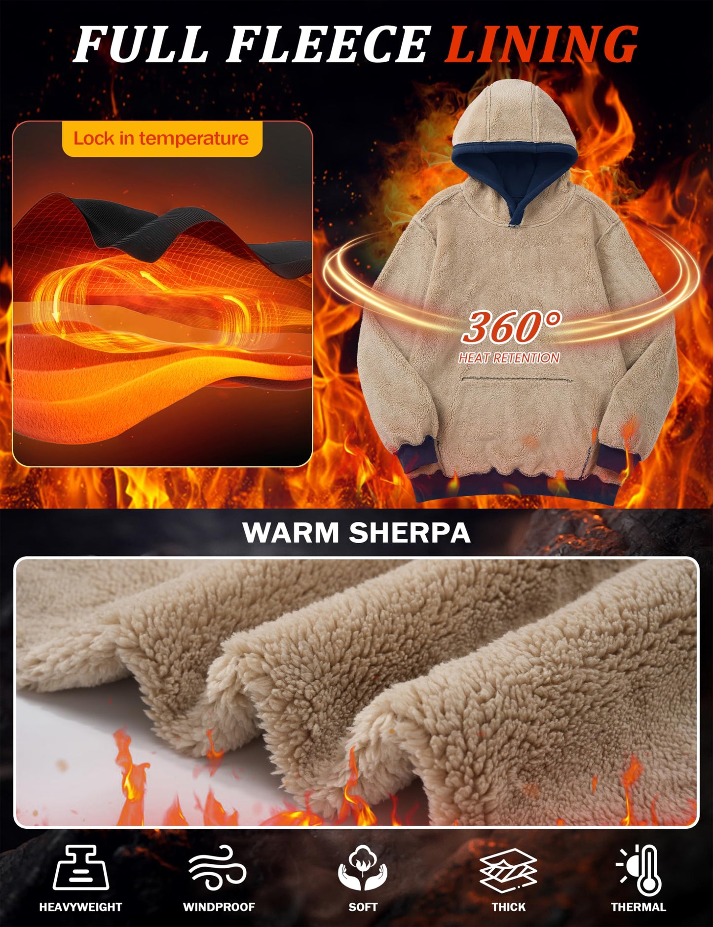 MAGCOMSEN Men's Hoodies Fleece Lined Winter Warm Sherpa Athletic Work Casual Heavy Thick Pullover Hoodie Sweatshirts Navy