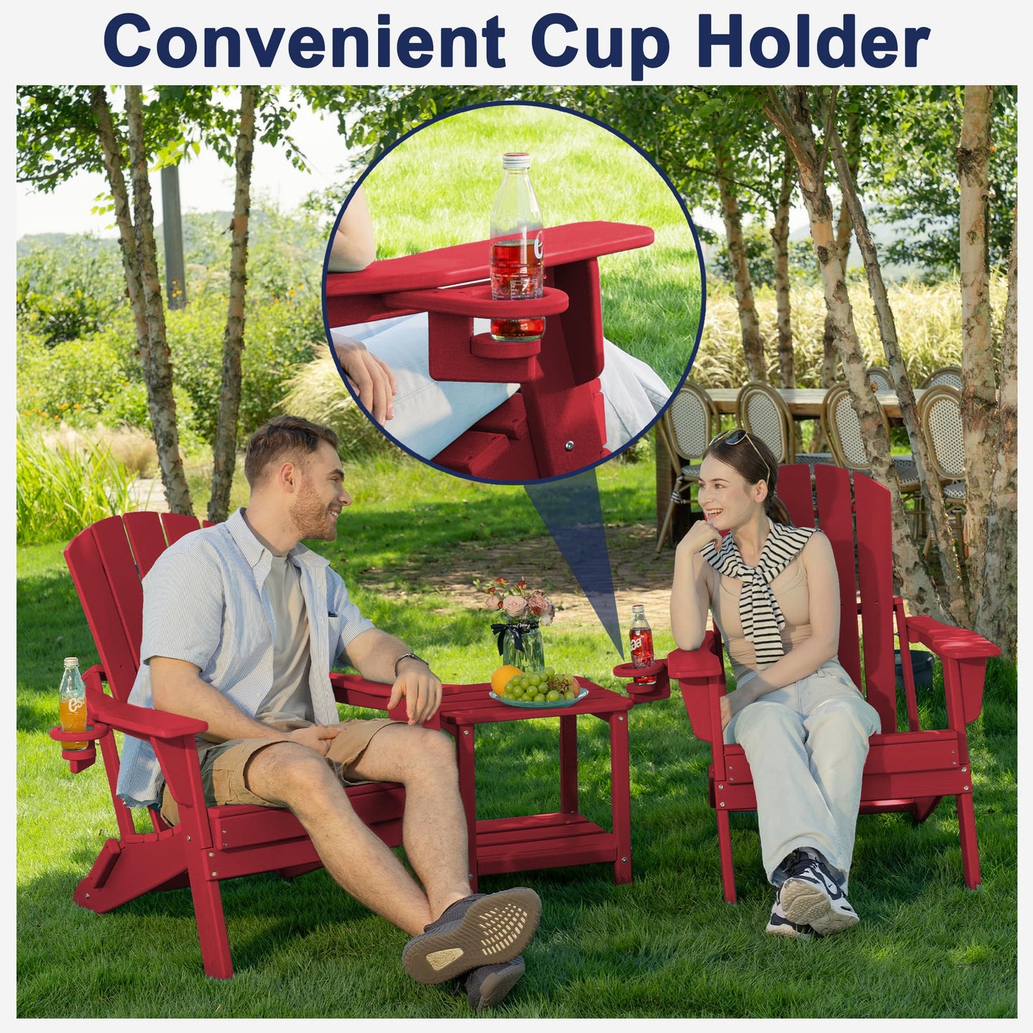 Plawdlik Folding Adirondack Chair Set of 4, SGS Tested, Wooden Textured with Cup Holder, Heavy All-Weather HDPE Comfortable Set Poolside Backyard Lawn,Red
