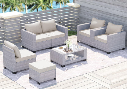 7 Piece Outdoor Patio Furniture Set, Outdoor Sectional Furniture, Rattan Chairs Glass Table Wicker Conversation Seating Sectional Sofa with Cushions (B-Grey White-Grey, B-7 Pieces-Tilted Back)