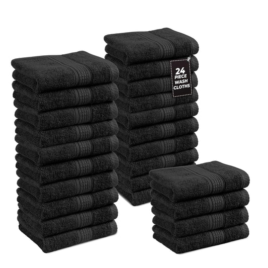 LANE LINEN 100% Cotton Washcloths 24 Pack - Spa & Salon Quality Face Towels - Ring Spun, Soft & Absorbent Wash Cloths for Body, Beauty, Home, Gym - Fingertip Towels Set- 13"x13", Black Washcloths