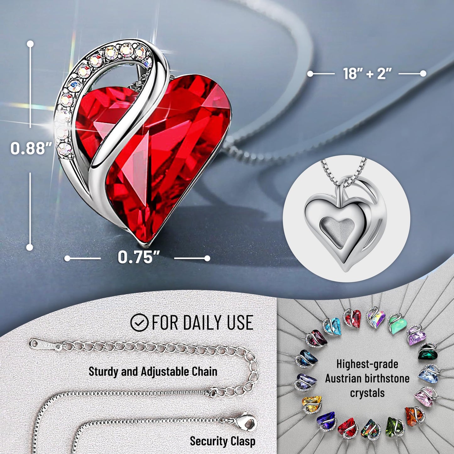 Leafael Valentine's Day Gift Necklaces for Women, Infinity Love Birthstone Heart Pendant, Ruby Garnet Red Crystal for January July, Birthday Jewelry for Her, Mom, Wife, Silver Plated, 18" + 2" Chain