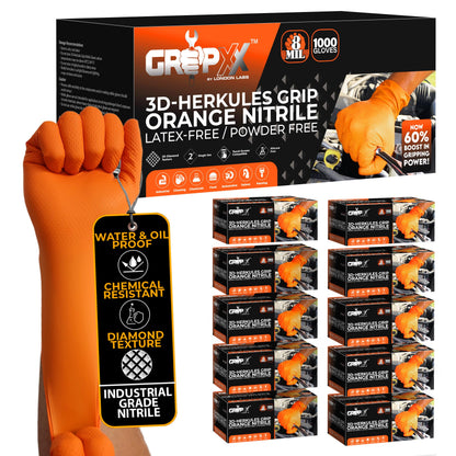 GRIPXX Herkules Grip Heavy Duty 8Mil Orange Nitrile Gloves,3D Raised Diamond Texture-Latex & Powder Free-Industrial, Mechanic (10, X-Large)