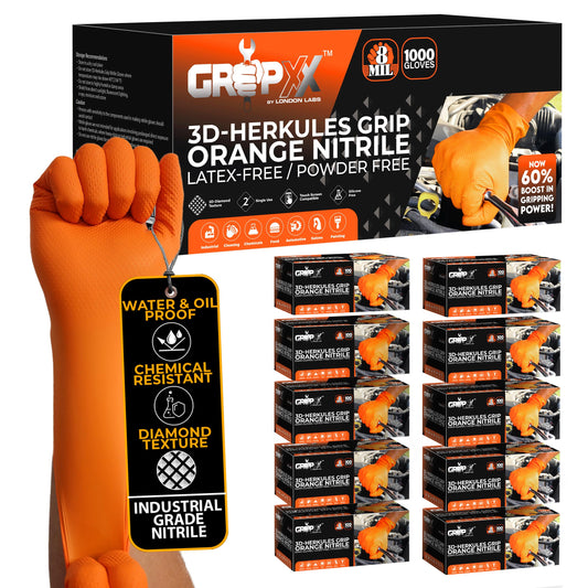 GRIPXX Herkules Grip Heavy Duty 8Mil Orange Nitrile Gloves,3D Raised Diamond Texture-Latex & Powder Free-Industrial, Mechanic (10, X-Large)