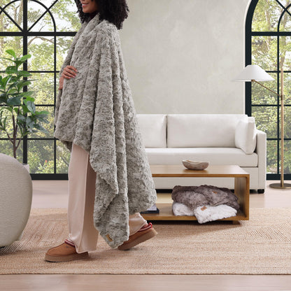 UGG Adalee Faux Fur Throw Blanket Luxury Lightweight Cozy Soft Throw for Couch Bed or Chair Hypoallergenic Machine Washable Double-Sided Fluffy Blanket Home Decor, 50-inch x 70-inch, Seal Grey