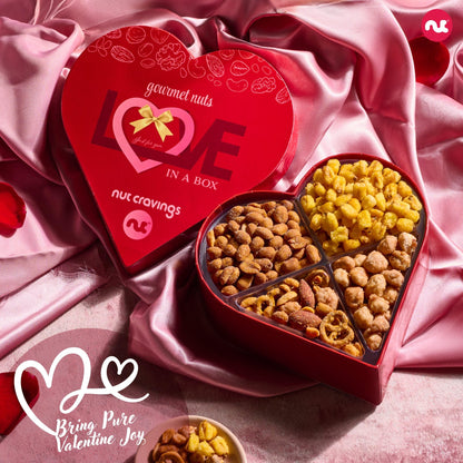 NUT CRAVINGS - Valentines Day Mixed Nuts Heart Shaped Gift Basket, Love in A Box (4 Assortments) Romantic Food Arrangement, Healthy Snack Care Package, Food Assortments