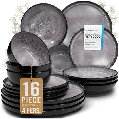 Stoneware dinnerware set 4 persons 16 pcs - Dishwasher, microwave and scratch resistant - Bowl and plate set 4 persons modern - Dinner service Pure Living black in gray…