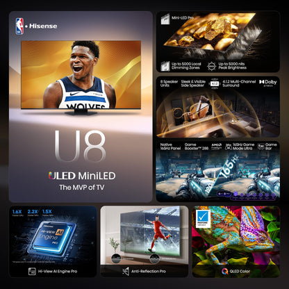 Hisense 75" Class U8 Series Mini-LED ULED 4K UHD Google Smart TV (75U8QG, 2025 Model) - QLED, Native 165Hz, Game Mode Ultra VRR 288, Dolby Vision IQ · Atmos, Full Array Local Dimming, 4.1.2 Ch