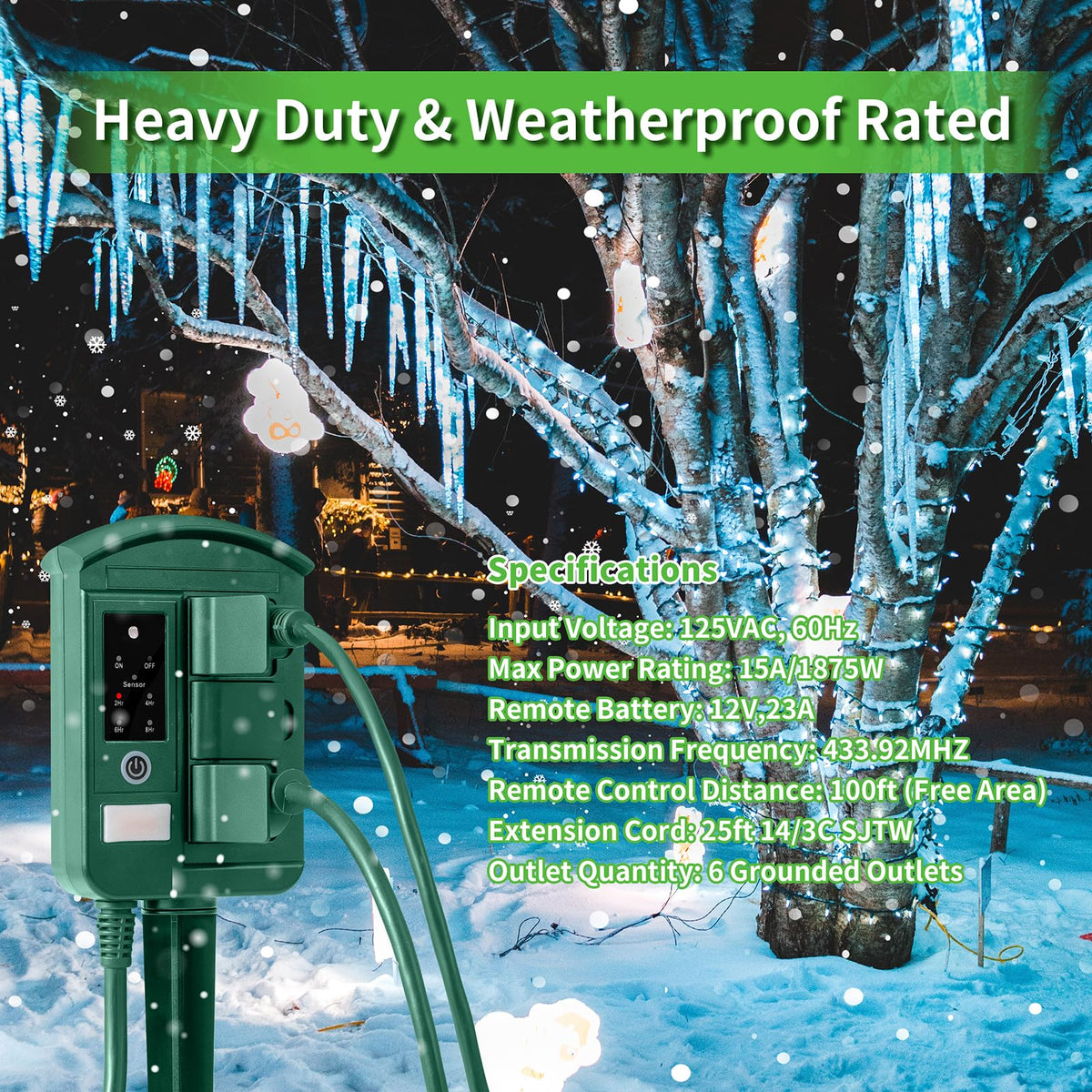 Outdoor Power Stake Timer for Christmas Light Decorations Waterproof, Dusk to Dawn, Outdoor Power Strip with 6 Outlets, 1875W/15A, 100FT Wireless Remote Control, 25FT Extension Cord, Heavy Duty