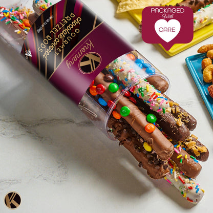 KREMERY Creamy Chocolate Cravings - Easter Chocolate Covered Pretzel Rods Gift Basket with Candied Toppings (8 Pretzels) Ramadan Gifts Sweet Treats in Clear Tube Kosher
