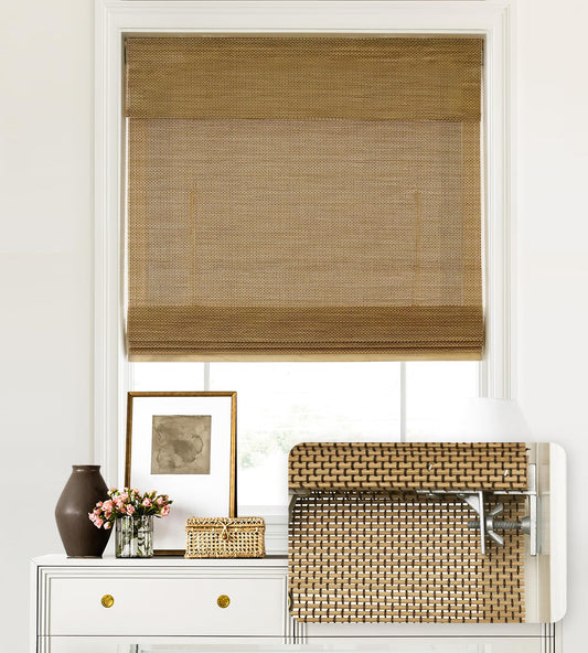 LazBlinds No Tools No Drill Cordless Bamboo Roman Shades, Light Filtering Window Treatment, Roll Up Bamboo Blinds for Windows 31'' W x 64'' H, Acorn