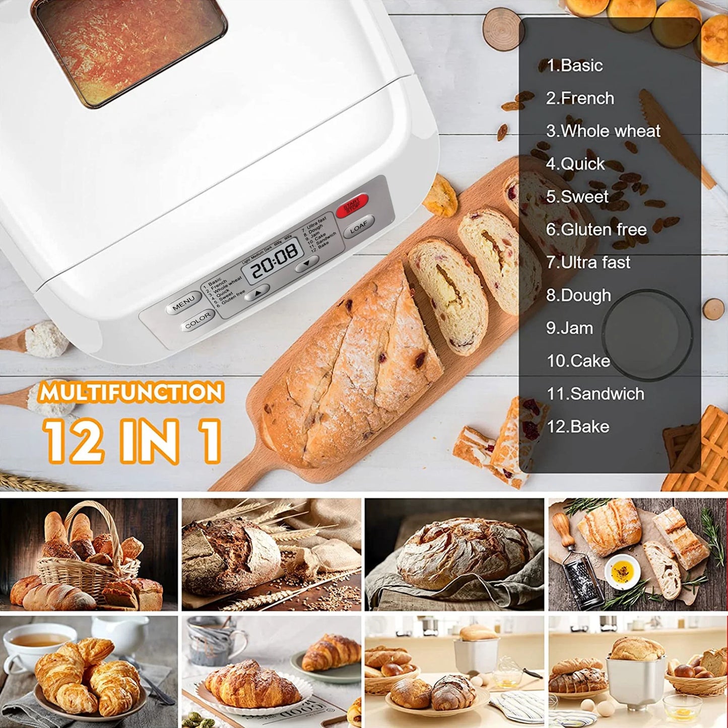 Kitchen in the box 2lb Bread Machine with Auto Fruit Nut Dispenser, 12 Presets Bread Maker Gluten-Free Setting, 13 Hour Delay Timer, White