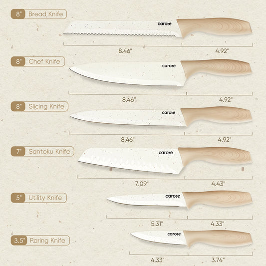 CAROTE 12PCS Knife Set with Blade Guards, White Granite Ceramic Coating, Stainless Steel Blade, Safe