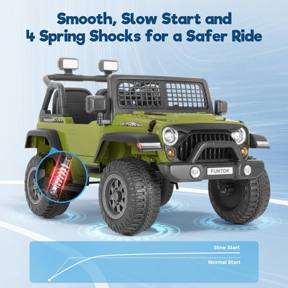 FUNTOK 12V 7AH 2 Seater Electric Ride on Truck, Kids Battery Powered Ride Toy, Motorized Car for Toddlers w/ Remote Control, Bluetooth, Spring Suspension, MP3 Player & LED Lights,Green