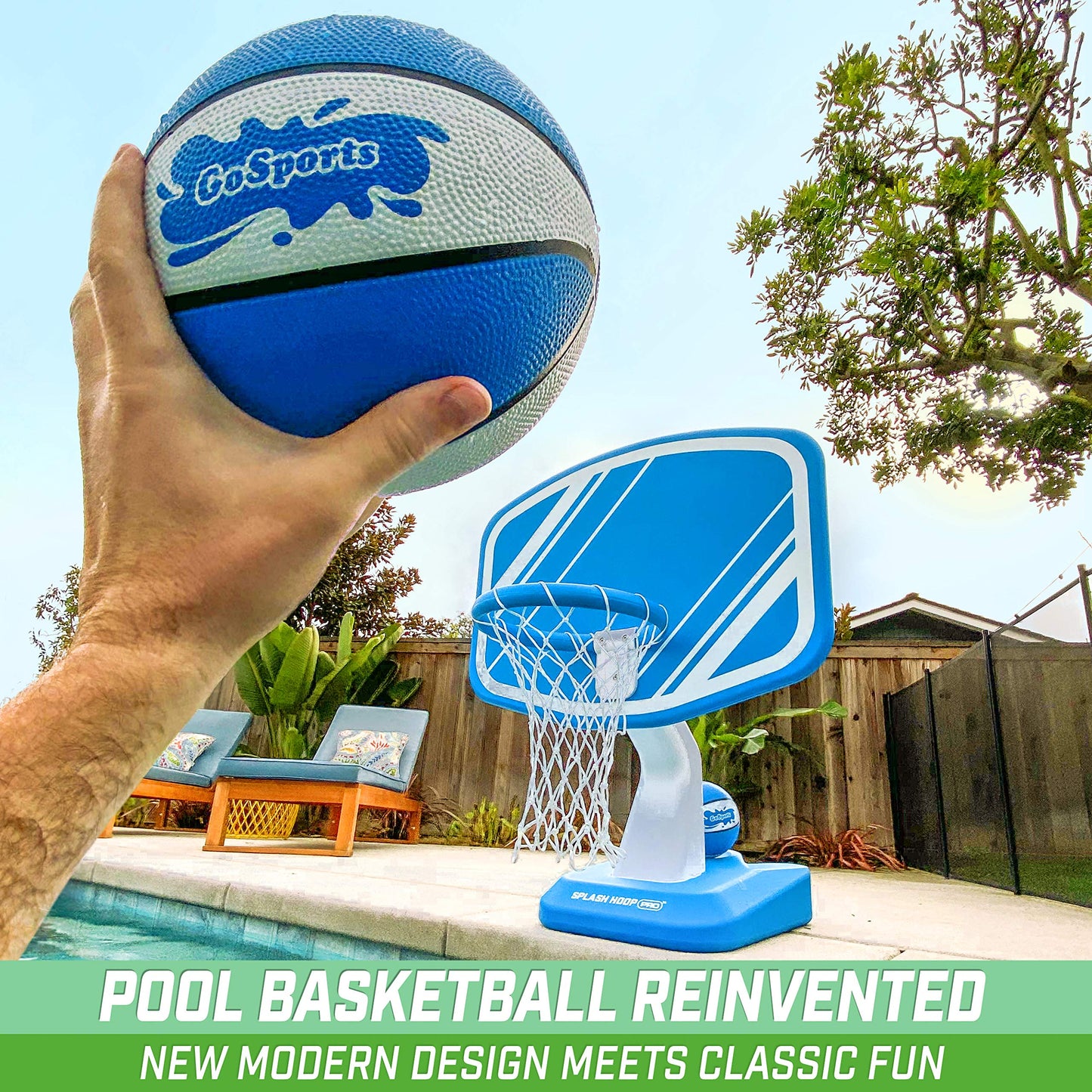 GoSports Splash Hoop PRO Swimming Pool Basketball Game - Includes Poolside Water Basketball Hoop, 2 Balls and Pump - Blue