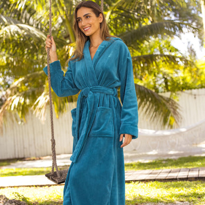Alexander Del Rossa Womens Robe, Long Plush Bathrobe with Hood, Hooded Robes for Women Plus Size Bath Robe, Turquoise, Small