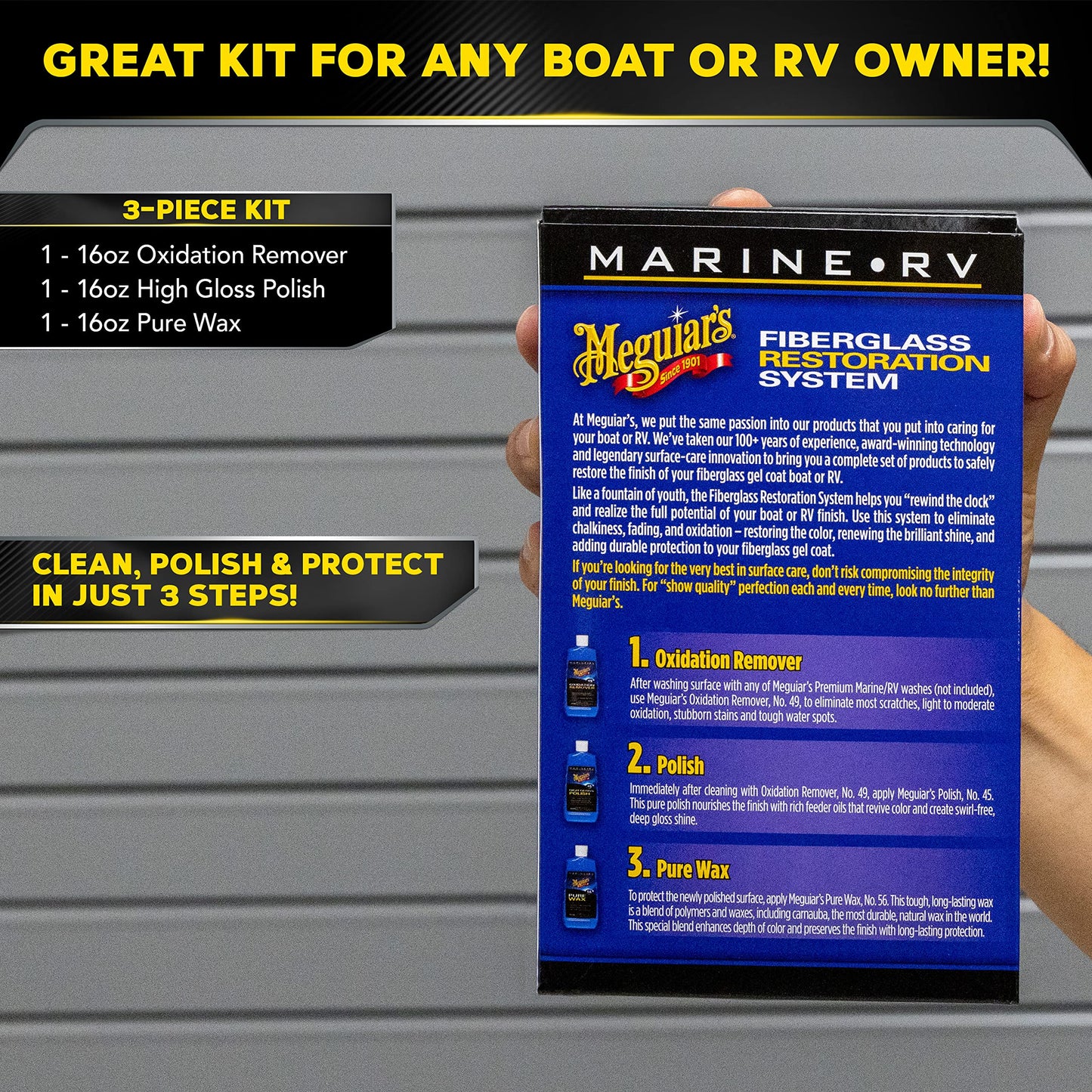 Meguiar's M4965 Marine/RV Fiberglass Restoration System, 3-Piece Marine Fiberglass Repair Kit Featuring Oxidation Remover for Boat Care Plus Boat Polish and Wax