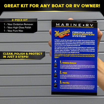 Meguiar's M4965 Marine/RV Fiberglass Restoration System, 3-Piece Marine Fiberglass Repair Kit Featuring Oxidation Remover for Boat Care Plus Boat Polish and Wax