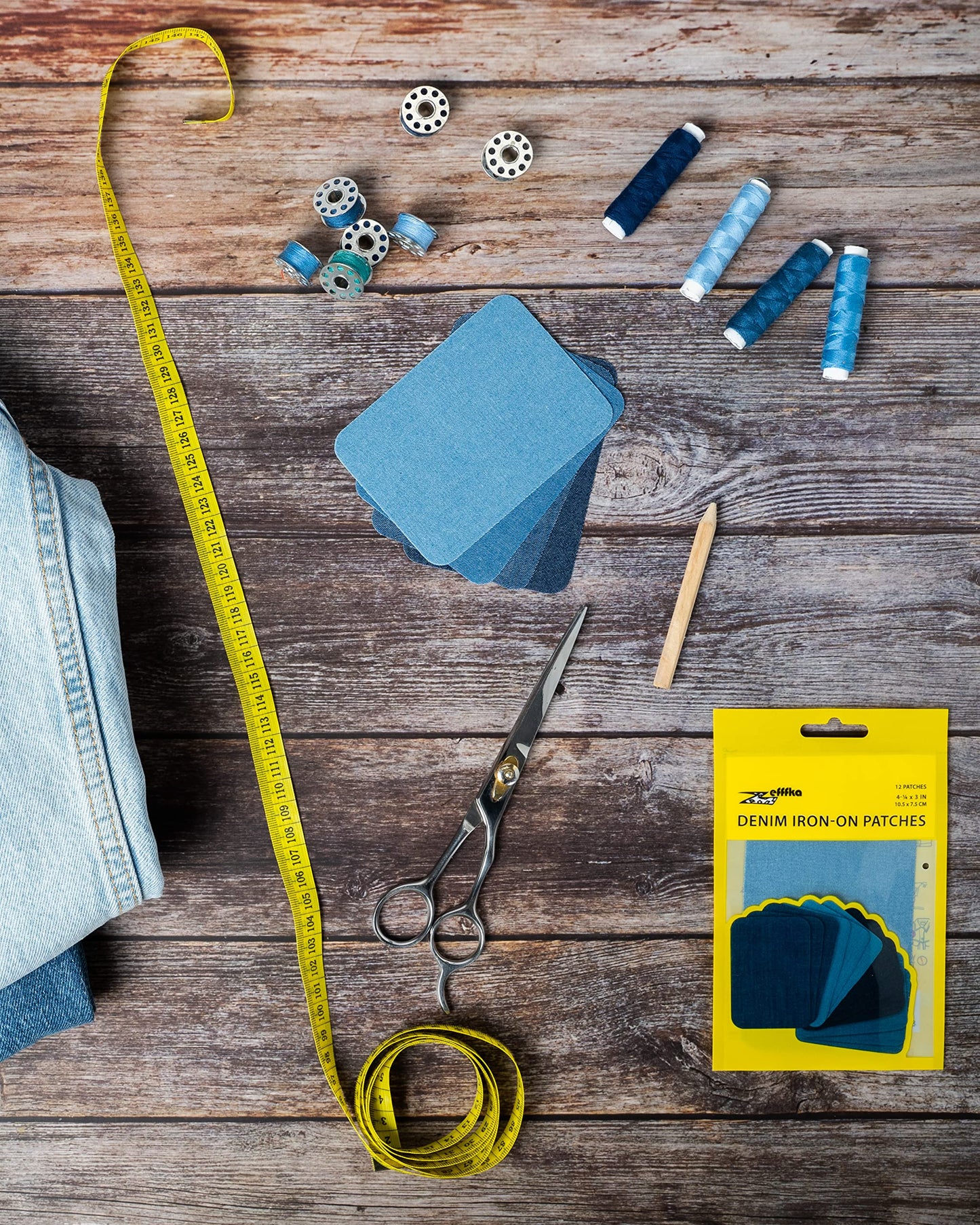 ZEFFFKA Denim Iron-on Patches Inside & Outside Strongest Glue 100% Cotton Black and White Repair Decorating Kit 12 Pieces Shades of Blue Size 3" by 4-1/4" (7.5 cm x 10.5 cm)