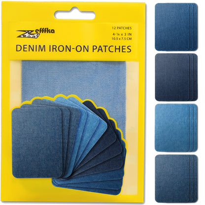 ZEFFFKA Denim Iron-on Patches Inside & Outside Strongest Glue 100% Cotton Black and White Repair Decorating Kit 12 Pieces Shades of Blue Size 3" by 4-1/4" (7.5 cm x 10.5 cm)