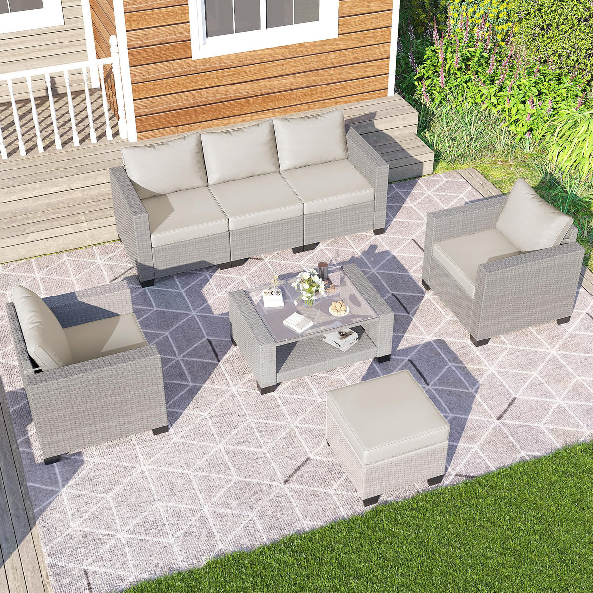 7 Piece Outdoor Patio Furniture Set, Outdoor Sectional Furniture, Rattan Chairs Glass Table Wicker Conversation Seating Sectional Sofa with Cushions (B-Grey White-Grey, B-7 Pieces-Tilted Back)