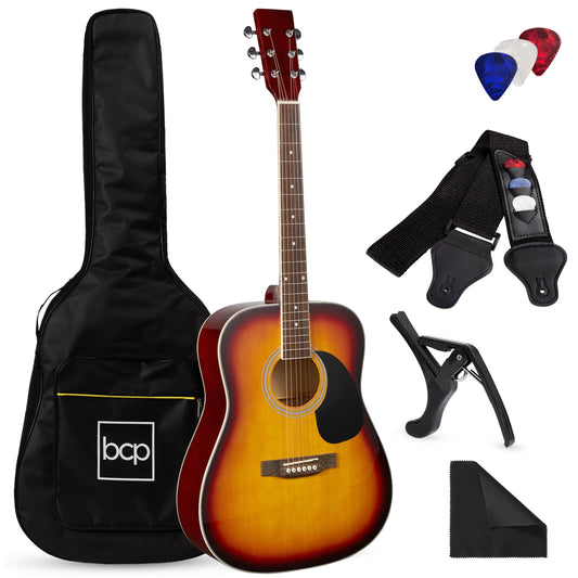 Best Choice Products 41in Full Size All-Wood Acoustic Guitar Starter Kit w/Gig Bag, E-Tuner, Pick, Strap, Rag - Sunburst