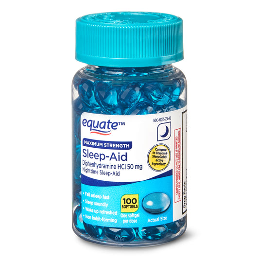 Equate Maximum Strength Diphenhydramine HCl Sleep Support Softgels, 50 mg, 100 Count