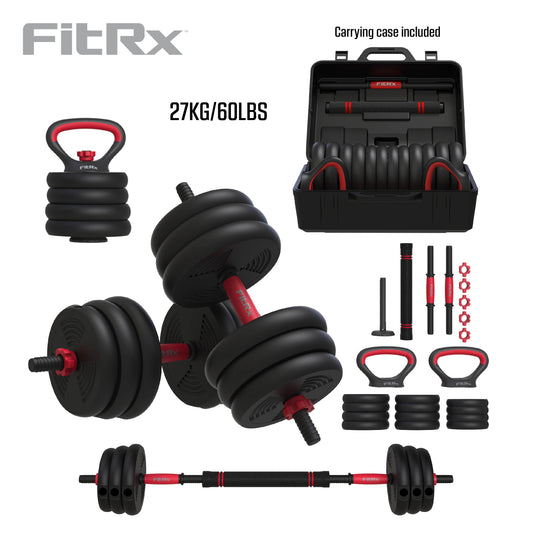 FitRx SmartBell Gym, 60 lbs. 4-in-1 Adjustable Interchangeable Dumbbell, Barbell, and Kettlebell Weight Set, Black