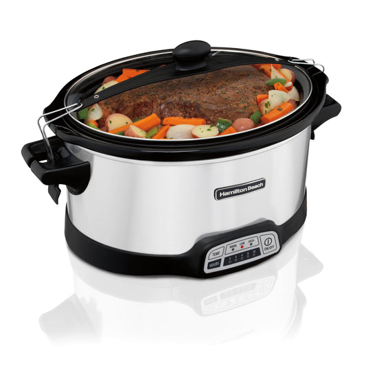 Hamilton Beach Programmable Slow Cooker, 7 Quart Capacity, Lid Lock for Portability, Dishwasher Safe Removable Crock, Silver