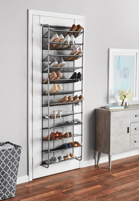 Mainstays 36 Pair Over-The-Door Shoe Closet Organizer Rack for 36 Pairs, 12 Tier, Metal, Gray