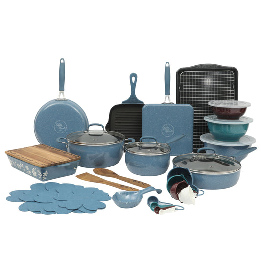 The Pioneer Woman Speckle Denim 34-Piece Aluminum Cookware Combo Set