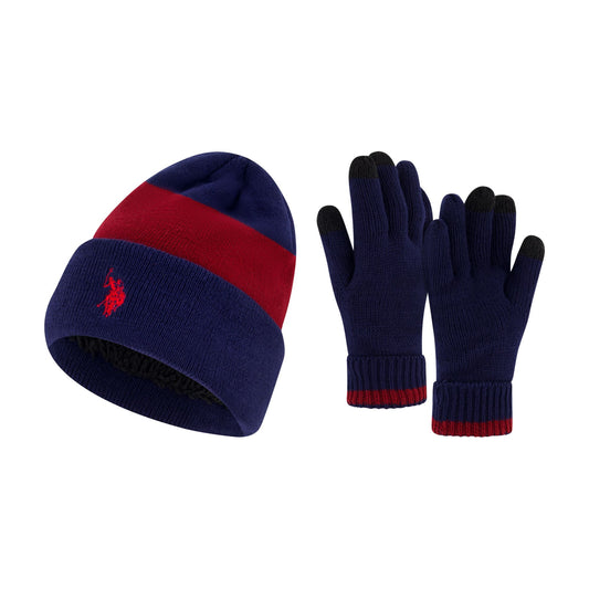 U.S. Polo Assn. Men's Knit Cuffed Wide Stripe Beanie and Glove Set