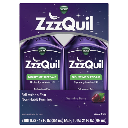 Vicks ZzzQuil Nighttime Sleep Aid Liquid, Diphenhydramine HCI 50mg, Warming Berry, 24 Fl oz