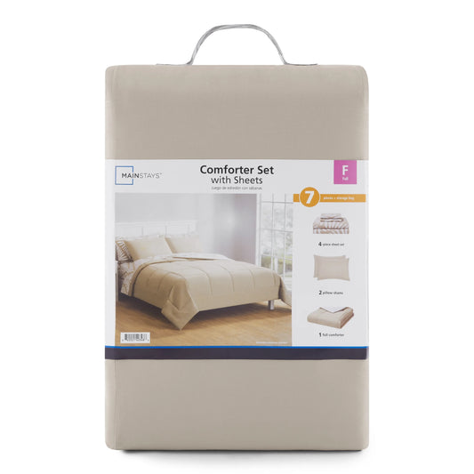 Mainstays 7 Piece Reversible Bed in a Bag Comforter Set with Sheets, Beige Palm, Full