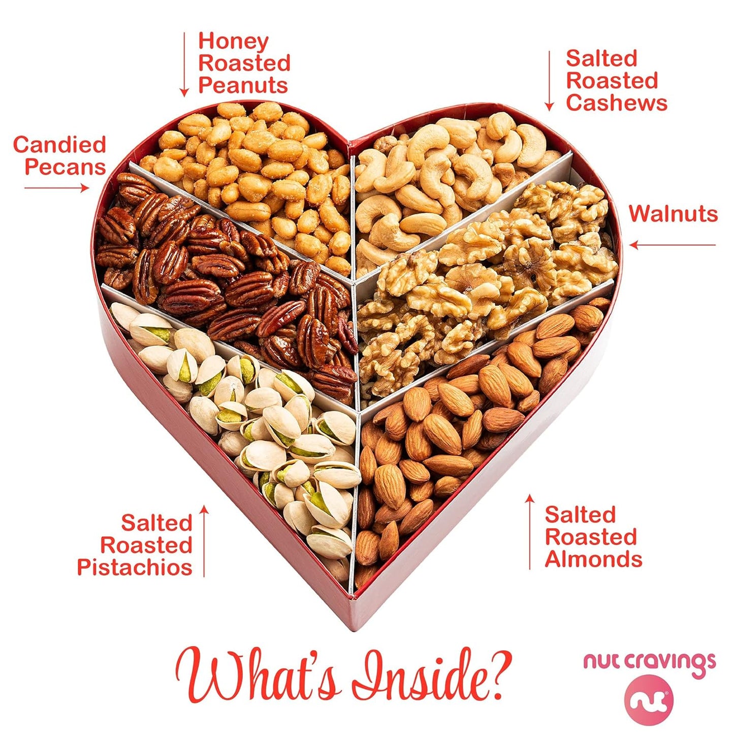 NUT CRAVINGS Gourmet Collection - Valentines Day Mixed Nuts Heart Shaped Gift Basket, Love in A Box (6 Assortments, 2 LB) Galentines Romantic Arrangement Platter, Healthy Kosher Corporate