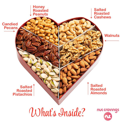 NUT CRAVINGS Gourmet Collection - Valentines Day Mixed Nuts Heart Shaped Gift Basket, Love in A Box (6 Assortments, 2 LB) Galentines Romantic Arrangement Platter, Healthy Kosher Corporate
