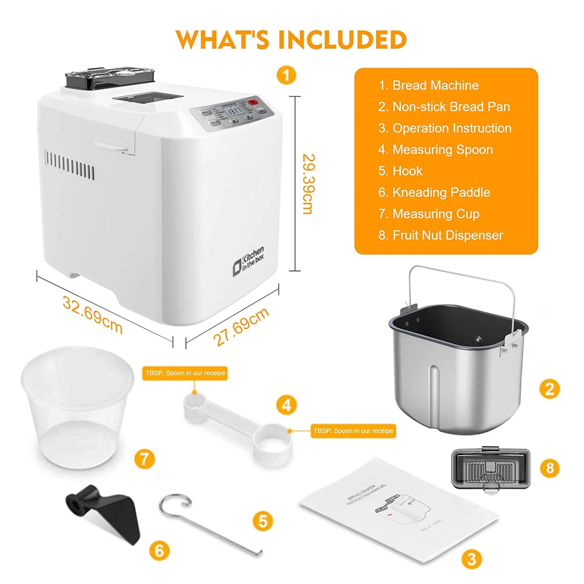 Kitchen in the box 2lb Bread Machine with Auto Fruit Nut Dispenser, 12 Presets Bread Maker Gluten-Free Setting, 13 Hour Delay Timer, White