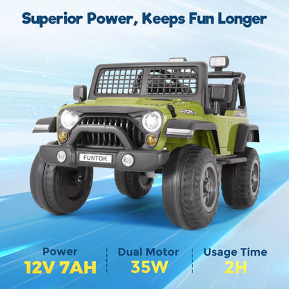 FUNTOK 12V 7AH 2 Seater Electric Ride on Truck, Kids Battery Powered Ride Toy, Motorized Car for Toddlers w/ Remote Control, Bluetooth, Spring Suspension, MP3 Player & LED Lights,Green