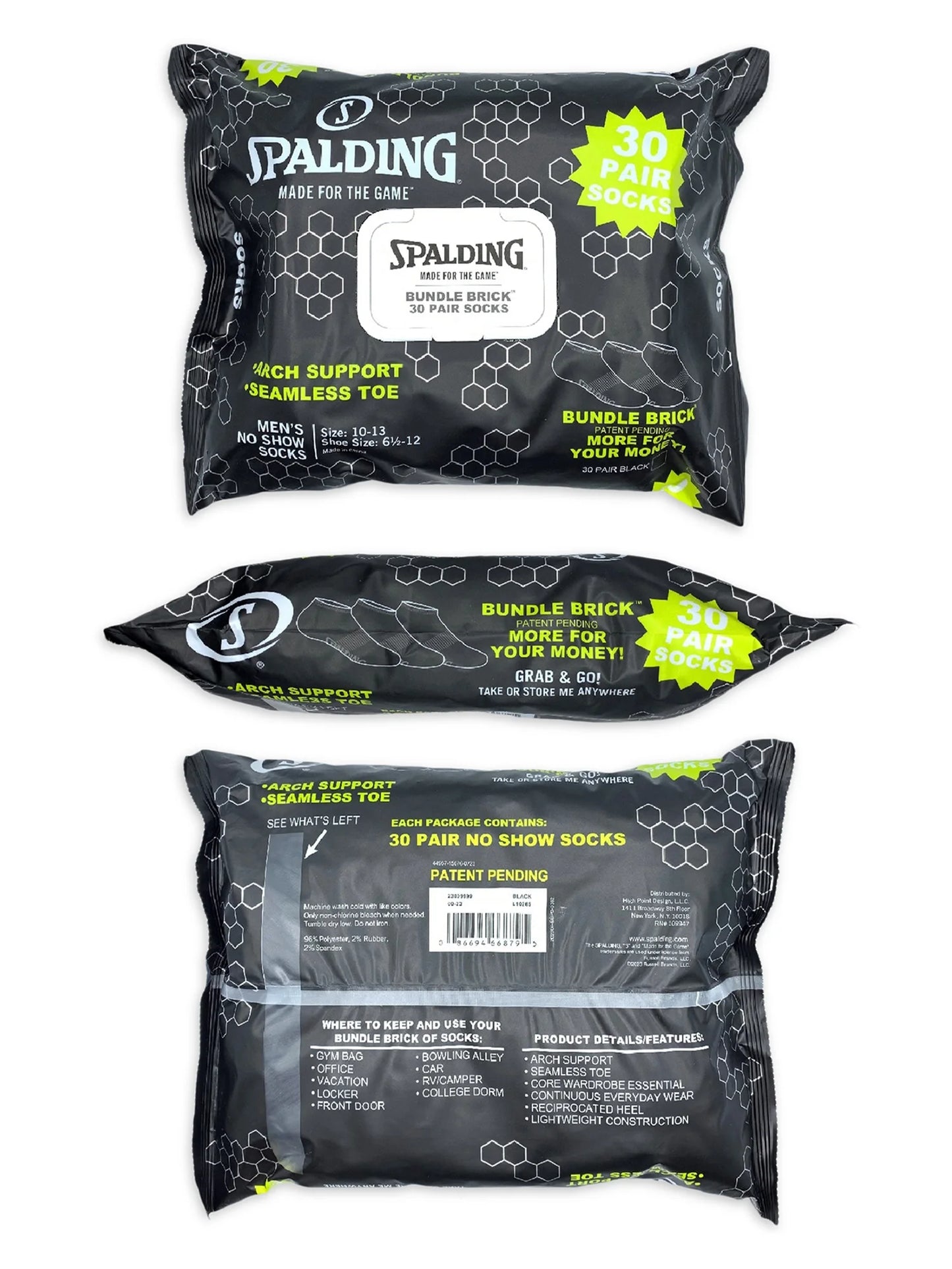 Spalding Men's Black No-Show Socks, 30-Pack, Sizes 6.5-12