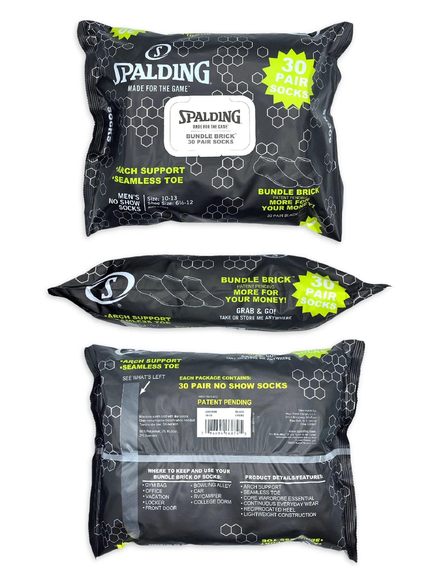 Spalding Men's Black No-Show Socks, 30-Pack, Sizes 6.5-12