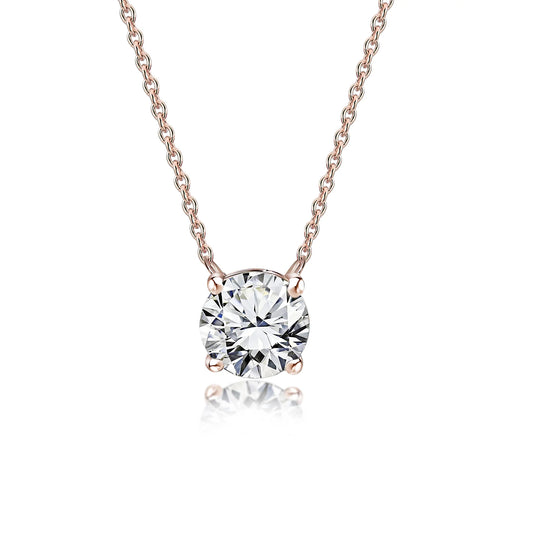 JeenMata Beautiful 1 Carat Round Cut - Moissanite - April Birthstone Solitaire Pendant Necklace in 18K Rose Gold over Silver, Female, Adult