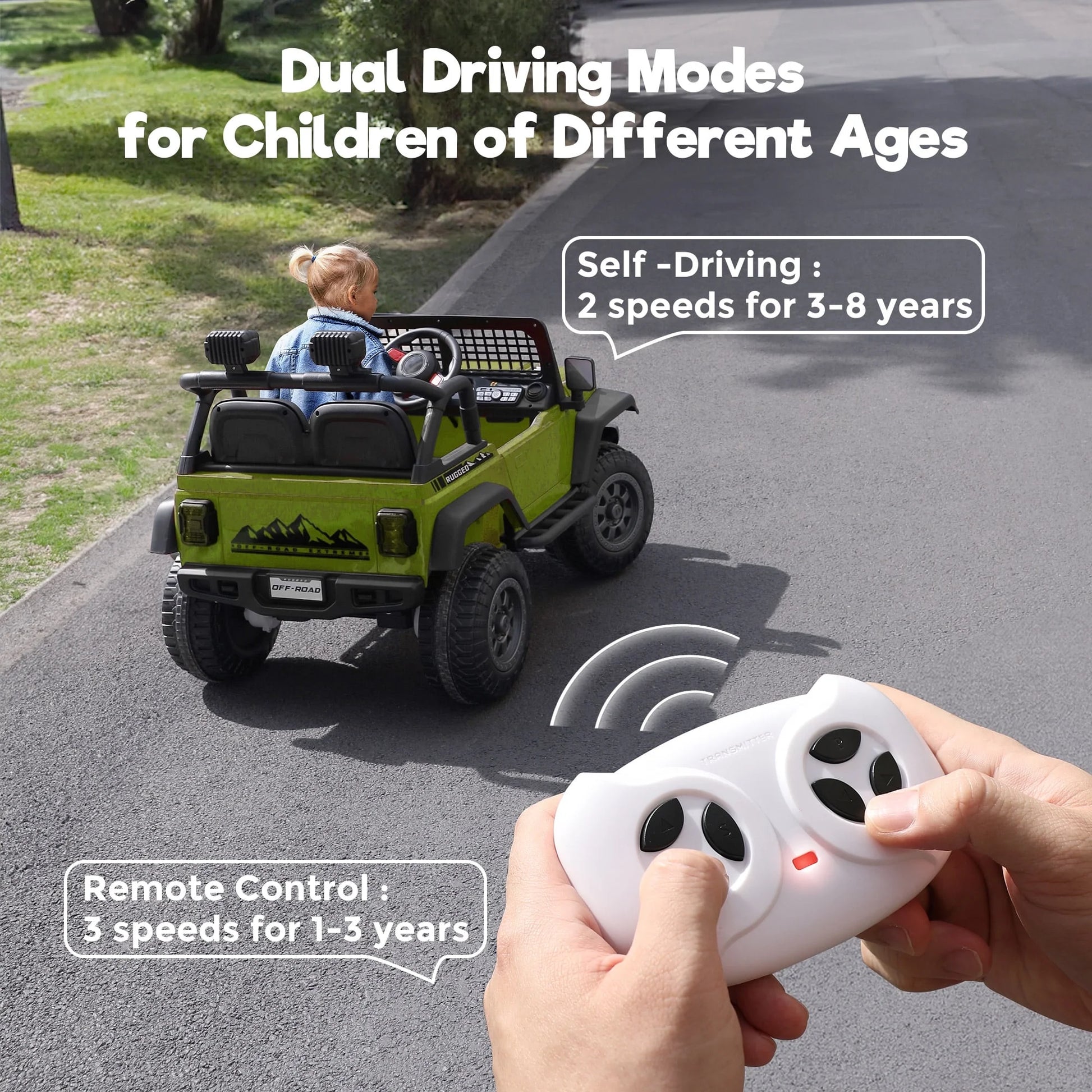 FUNTOK 12V 7AH 2 Seater Electric Ride on Truck, Kids Battery Powered Ride Toy, Motorized Car for Toddlers w/ Remote Control, Bluetooth, Spring Suspension, MP3 Player & LED Lights,Green